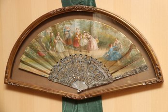 19th Century Antique Victorian Hand Fan In Gold Frame