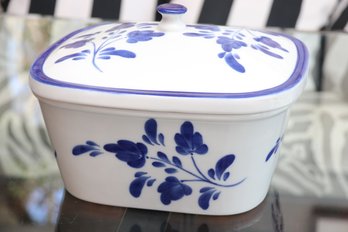 Blue And White Floral Covered Dish From Portugal