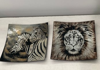 Pair Of Zebra And Lion Square Glass Platters