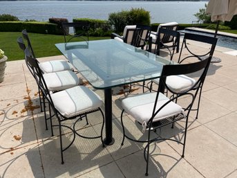 Glass Top Wrought Iron Table With 8 Wrought Iron Chairs