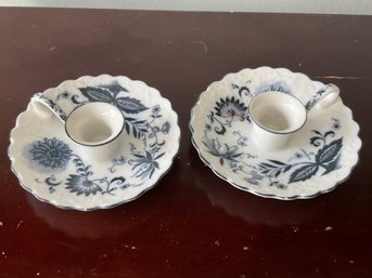 Pair Of Vintage Blue Onion Chamber Candle Holders