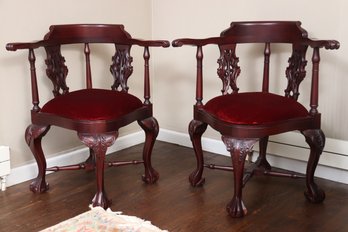Vintage Mahogany Chippendale Ball & Claw Roundabout Corner Arm Chairs