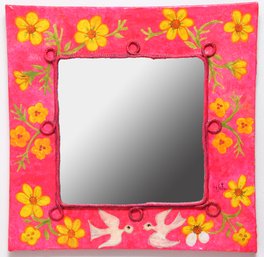 Vintage Hand Painted Hot Pink Wall Mirror Signed By Artist