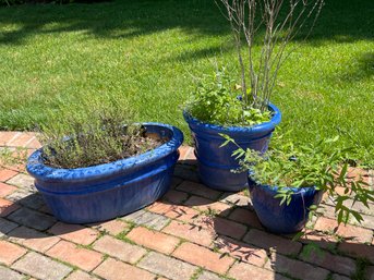 Blue Ceramic Outdoor Planter Trio