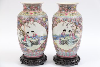 Chinese Famille Rose Painted Vases With Stands