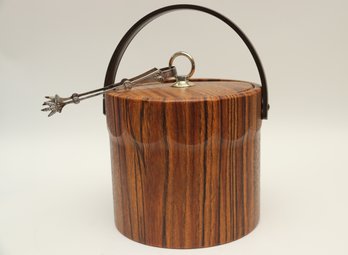 Mid Century Modern Wood Grain Ice Bucket With Tongs