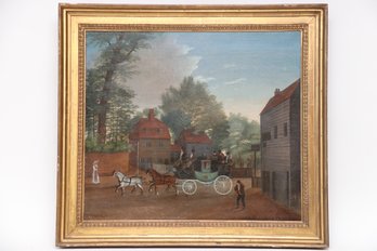 British School 19th Century Carriage In The Town Square Oil On Canvas