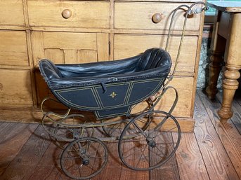 Antique Black Leather Stroller 19th Century