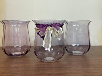 Trio Of Purple Hurricane Wide Luster Vases