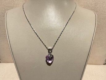 Silver Tone Necklace With Purple Glass Heart