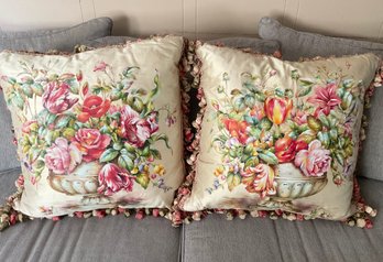 Pair Of Shantalle Large Silk Floral Painted Pillows With Tassels