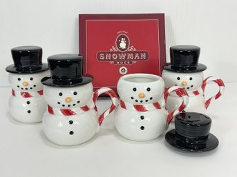 Williams Sonoma Set Of 4 Snowman Mugs With Lids New In Box