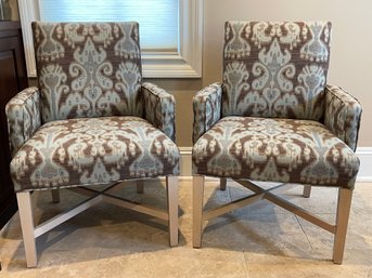 Pair Of Damask Fabric Arm Chairs
