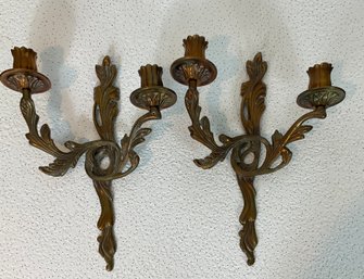 Vintage Pair Of Brass Double Arm Candle Wall Sconces