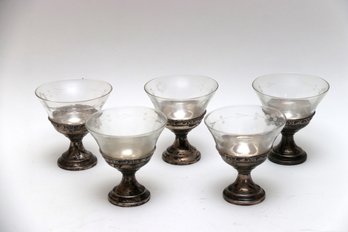 Sterling Silver Sherbet Cups W/ Etched Glass Inserts- Set Of 5