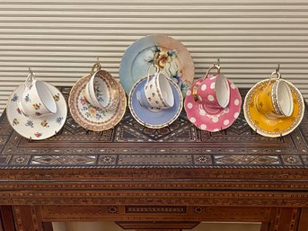 Set Of 5 Teacups And Saucers With Brass Stands