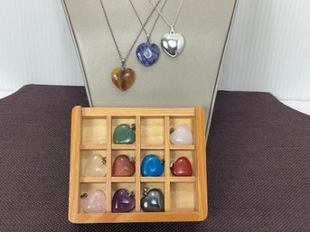 12 Polished Stone Heart Pendants With 3 Necklaces