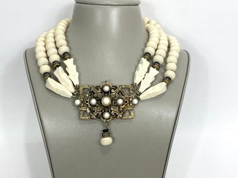 Three Strand Ivory Color And Gold Tone Necklace