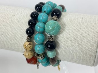 Trio Of Turquoise Beaded Stretch Bracelets With Hamsa Hand New