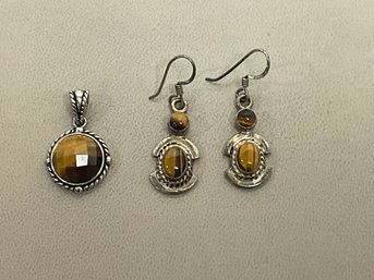 Tiger Eye Earrings And Pendant Sterling Silver