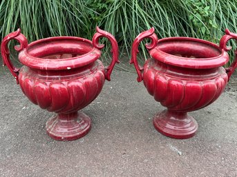 Pair Red Ceramic Dual Shoulder Planter Urns