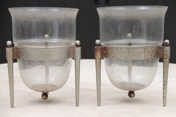 Pair Of Glass Hurricanes With Metal Footed Base