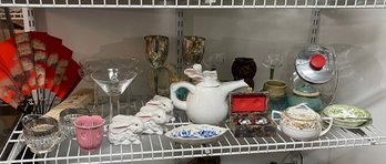 Grab Bag Shelf 15 Including Asian Decor, Glassware And Penny Candy Jar