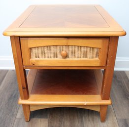 Wooden Side Table With Wicker Drawer