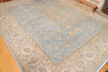 Hand Knotted Ivory And Blue Kerman Carpet  9 X 12