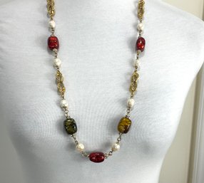 Multi Color Gold Tone Necklace With Faux Pearls