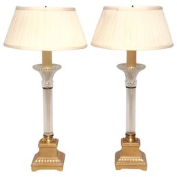 Pair Of Vintage Crystal Column And Gold Toned Table Lamps