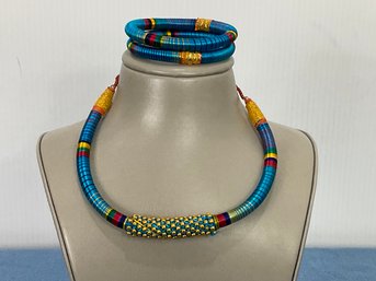 Colorful Turquoise Fabric Wrapped Necklace And Pair Of Bracelets