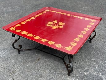 Large Red Tole Tray Coffee Table With Iron Base