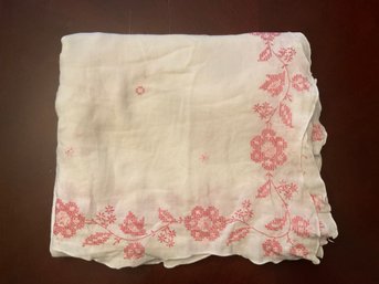 Vintage White Tablecloth With Pink Cross Stitch