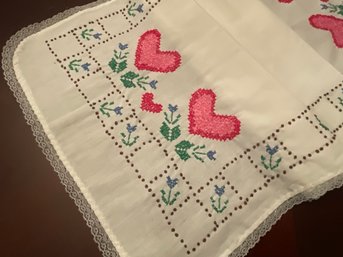 Cross Stitch Dresser Runner With Hearts