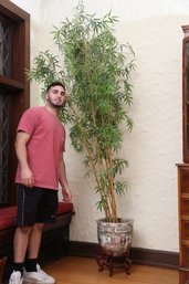 Faux Bamboo Tree With Hand Painted Flower Pot