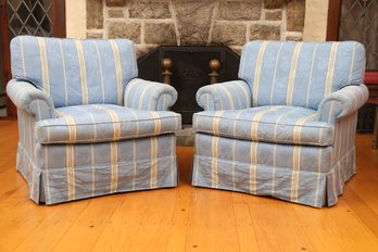 Pair Of Custom Upholstered Blue & Yellow Striped Club Chairs