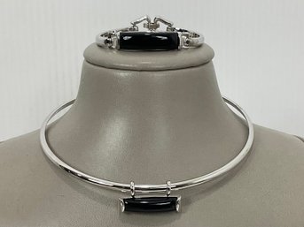 Silver Choker, Bracelet And Earrings Set