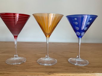 Set Of Three Colorful Martini Glasses