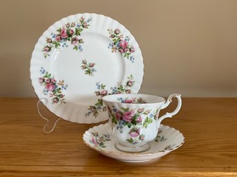 Royal Albert Moss Rose Bone China Tea Cup, Saucer And Plate