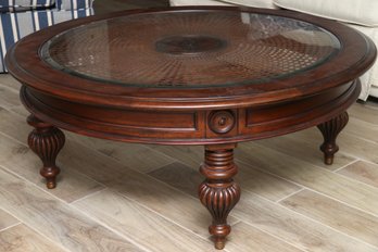 Ethan Allen Round Mahogany Coffee Table With Cane Center And Glass