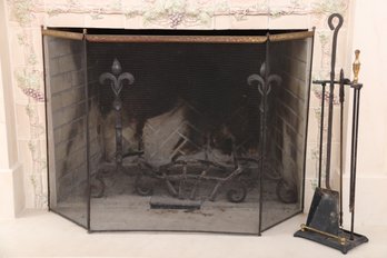 Fireplace Screen, Tools & Fleur De Lis Andirons
