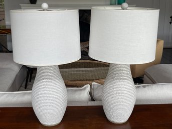 Crate & Barrel Pair Of White Wicker Table Lamps