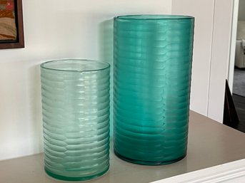 Two Aqua Glass Hurricanes