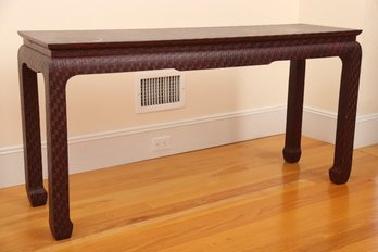 Dark Burgundy Lacquered Linen Covered Console Table By Baker