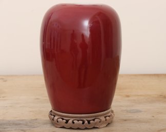 Oriental Porcelain Melon Jar In Ox Blood Red On Carved Stand