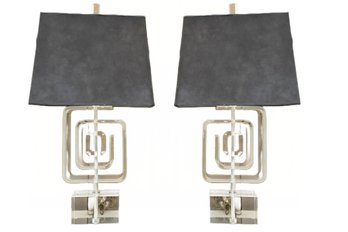 Les Prismatiques Pair Of Lucite Lamps With Custom Shades