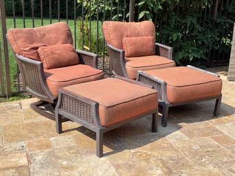 Two Outdoor Armchairs And Ottomans In Red 'Sunbrella' Material