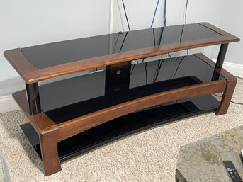 Cherry Wood-Finish Media Stand With Black Tempered Glass Shelves