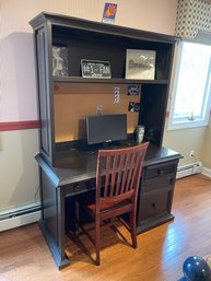 Black Painted Desk With Hutch And Three Drawers